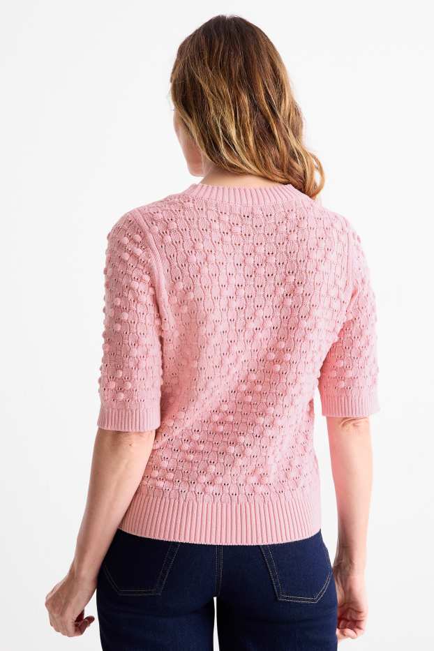 Women - Knitted jumper - short sleeve - textured - pink