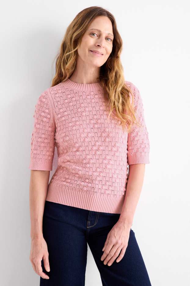 Women - Knitted jumper - short sleeve - textured - pink