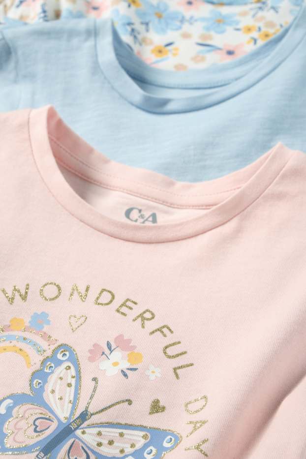 Bambine - Confezione da 3 - fiore e farfalla - maglia a maniche corte - rosa / azzurro