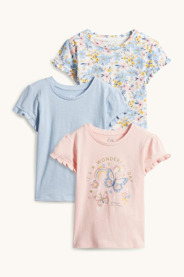 Bambine - Confezione da 3 - fiore e farfalla - maglia a maniche corte - rosa / azzurro