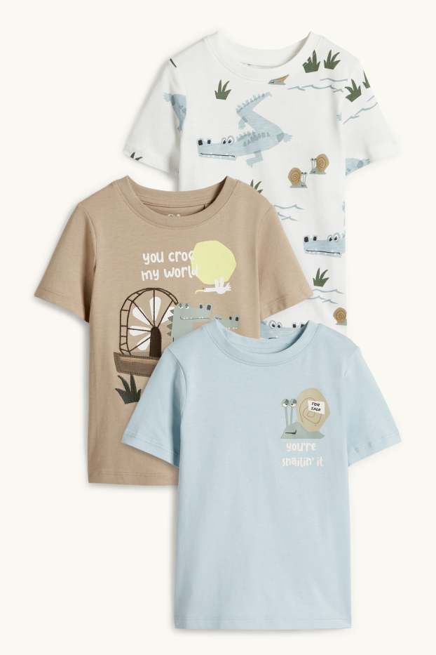 Enfants garçons - Lot de 3 - crocodile et escargot - T-shirt - bleu  / beige
