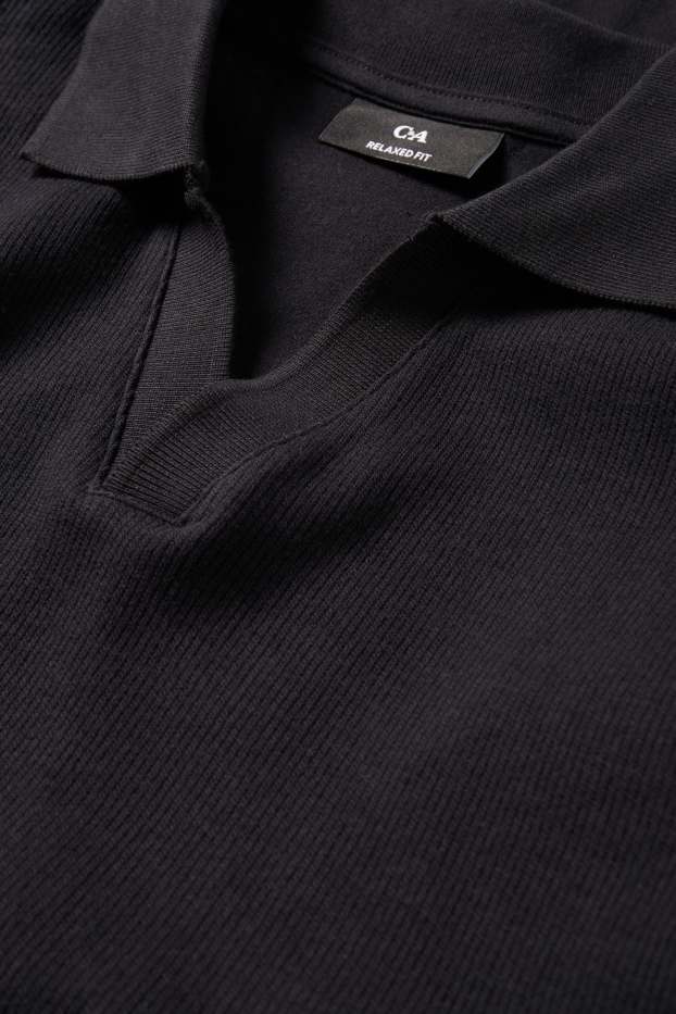 Herren - Langarm-Poloshirt - gestrickt - Relaxed Fit - gerippt - schwarz