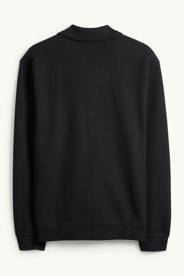 Herren - Langarm-Poloshirt - gestrickt - Relaxed Fit - gerippt - schwarz