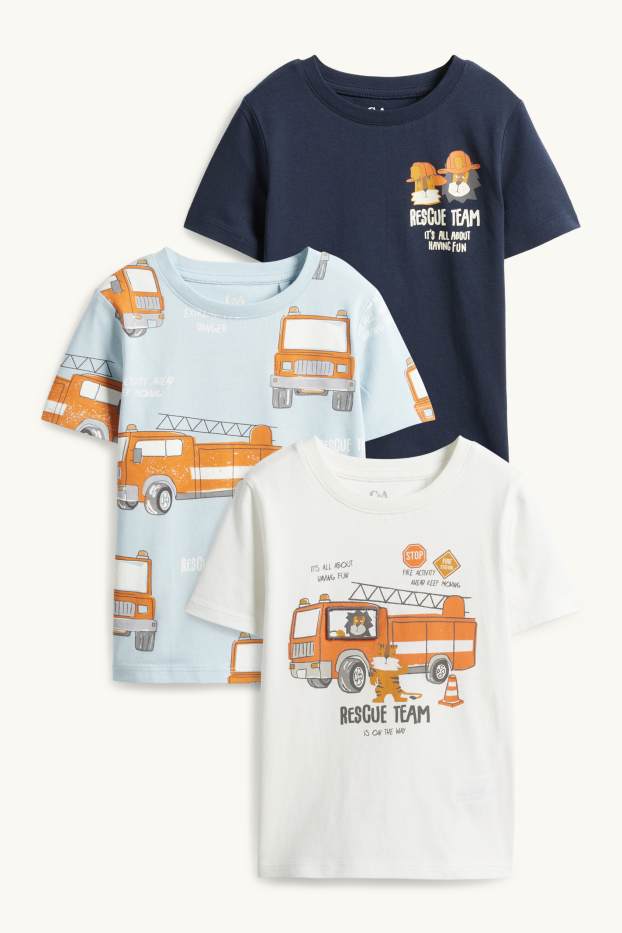 Děti - chlapci - Multipack 3 ks - lvi, tygři a požární auta - tričko s krátkým rukávem - modrá/bílá