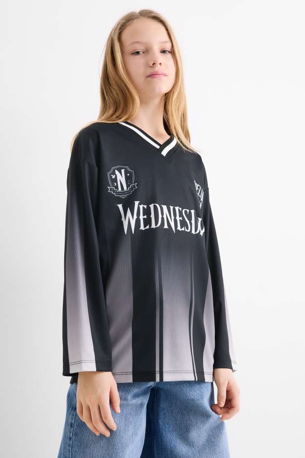 Kinderen: meisjes - Wednesday - longsleeve - gestreept - zwart