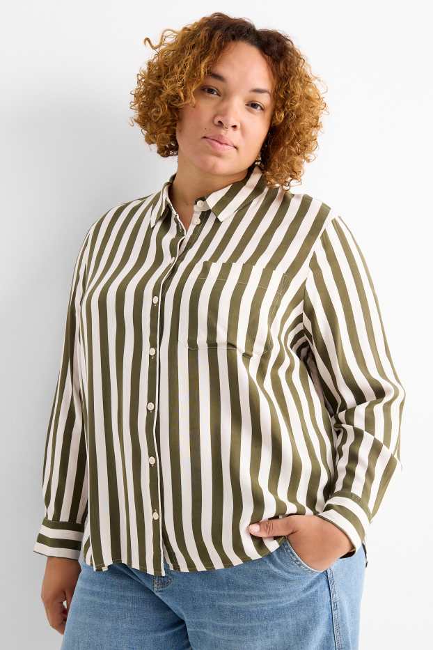 Dámské - Halenka - pruhovaná - tmavozelená / krémově bílá