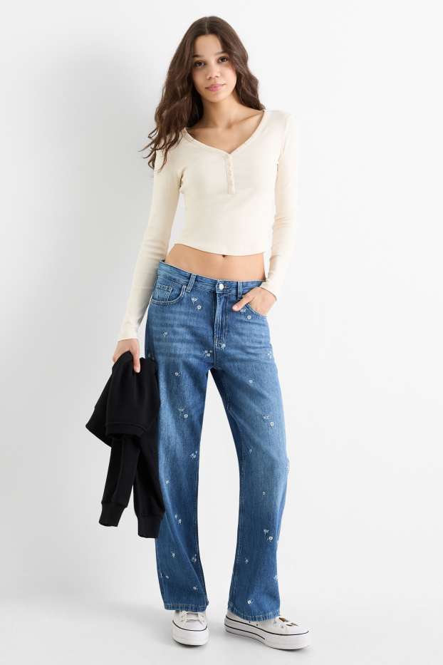 Dámské - Baggy jeans - mid waist - s květinovým vzorem - džíny - modré