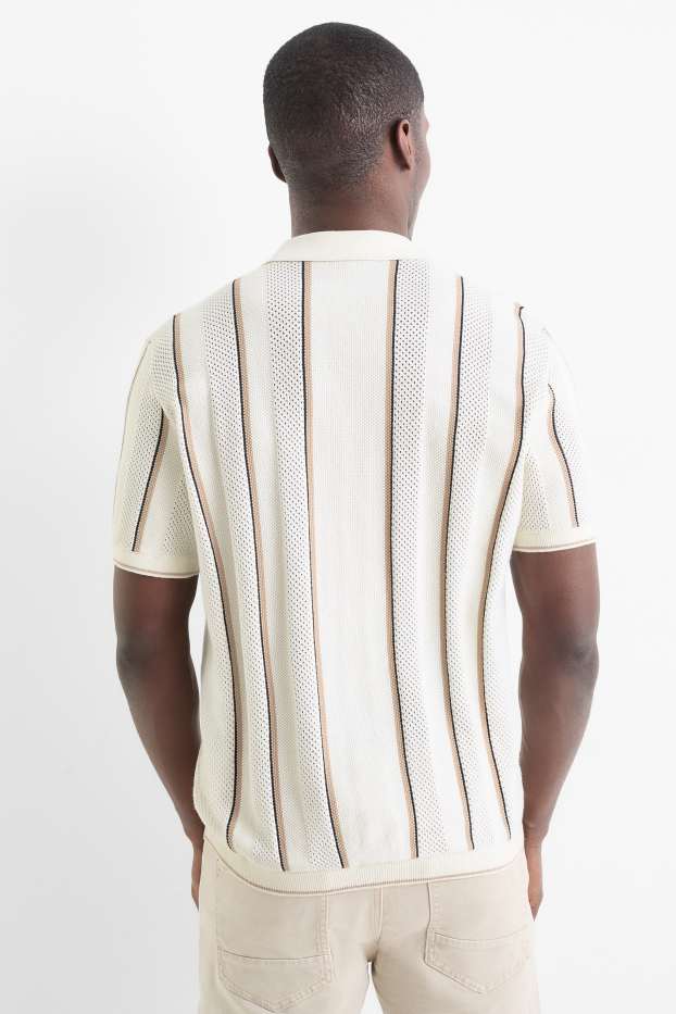 Heren - Gebreid overhemd - regular fit - reverskraag - gestreept - crème wit