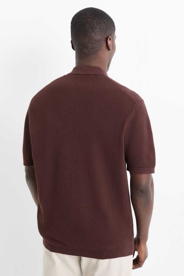 Pánské - Pletená polokošile - regular fit - strukturovaná - tmavohnědá