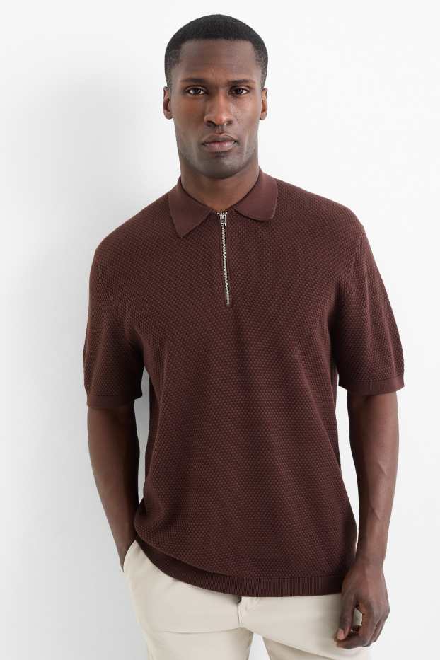 Pánské - Pletená polokošile - regular fit - strukturovaná - tmavohnědá