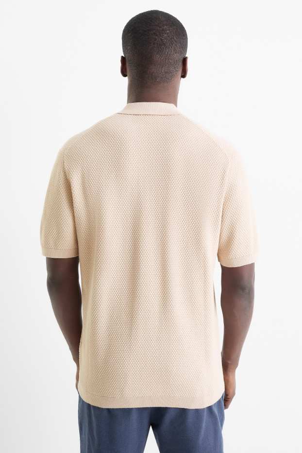 Men - Knitted polo shirt - regular fit - textured - light beige
