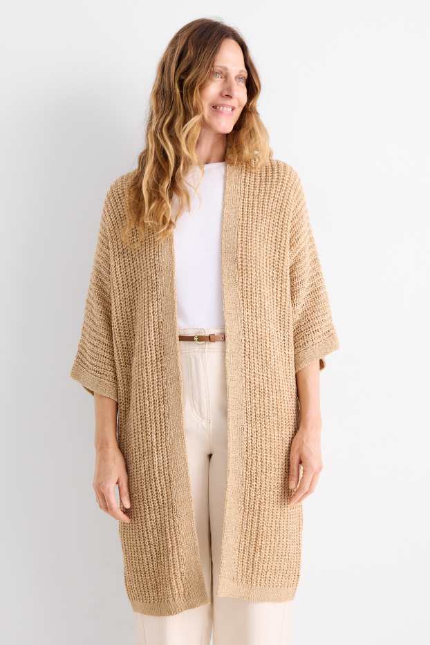 Femmes - Gilet en maille long - finition côtelée - beige