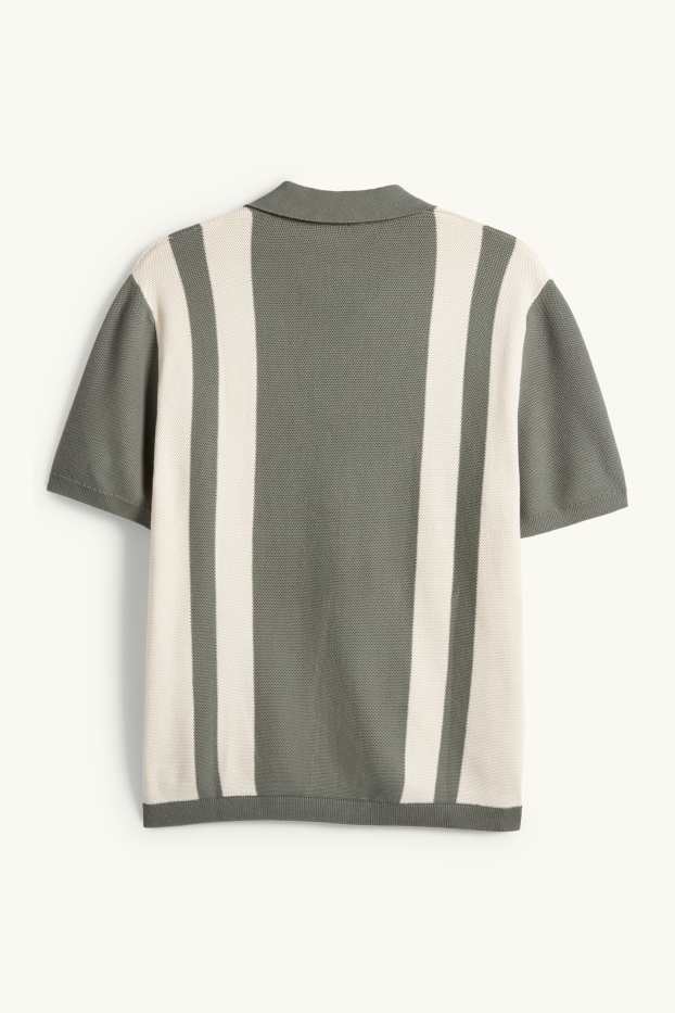 Bărbați - Tricou polo din tricot - regular fit - cu dungi - structurat - verde închis / alb-crem