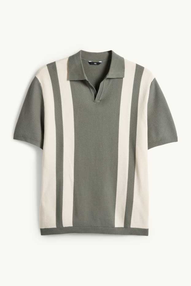 Bărbați - Tricou polo din tricot - regular fit - cu dungi - structurat - verde închis / alb-crem