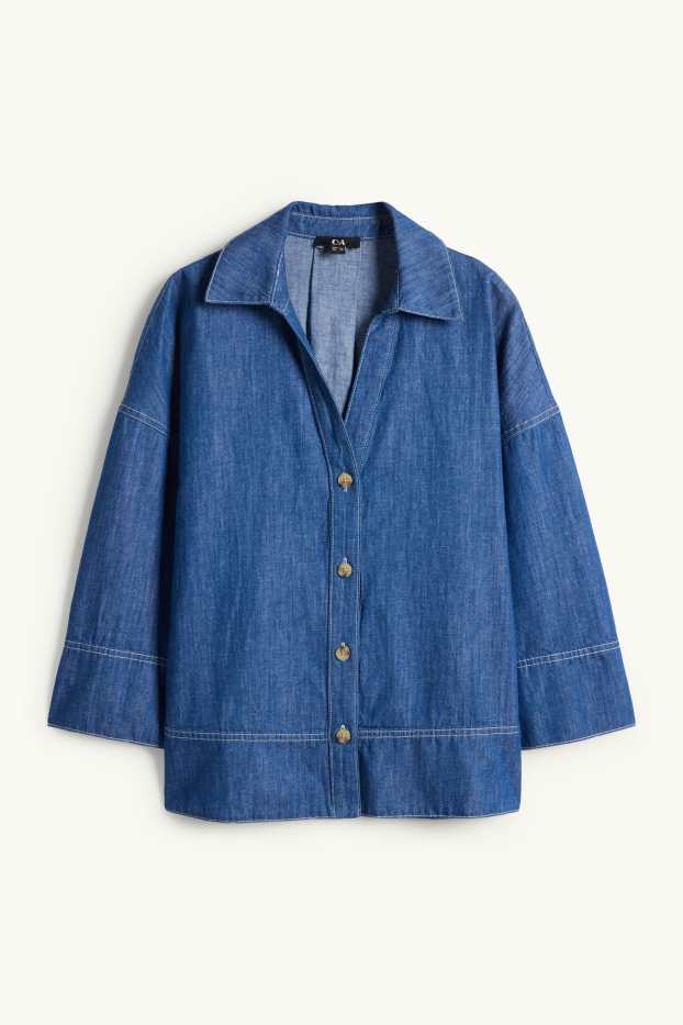 Dámské - Džínová halenka s výstřihem ve tvaru V - džíny - tmavomodré