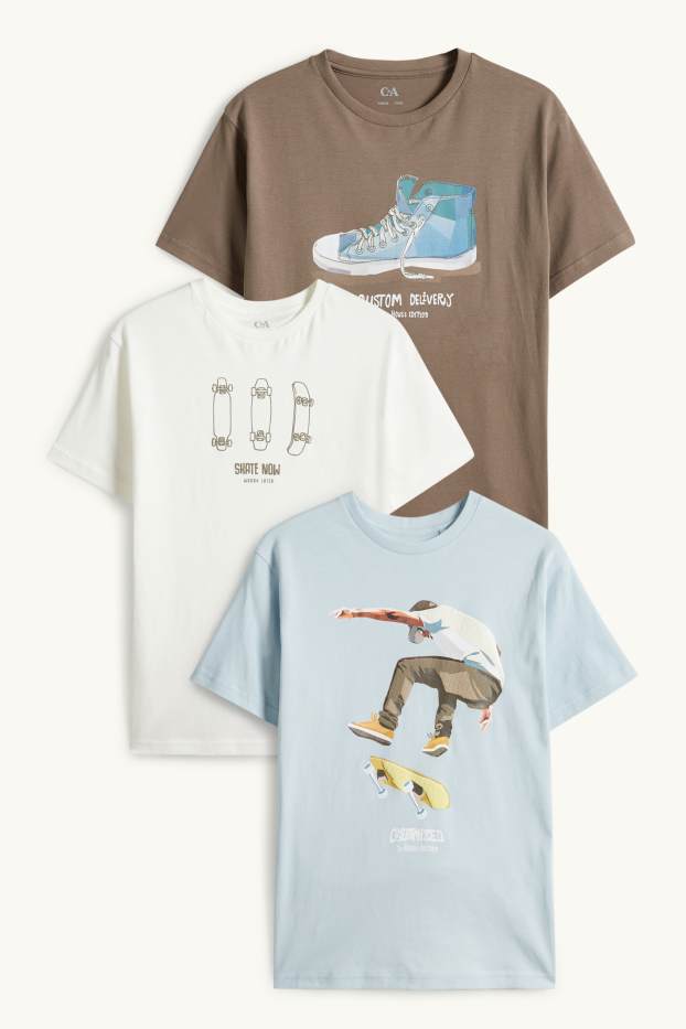Bambini - Confezione da 3 - motivo skate e sneakers - t-shirt - marrone / blu