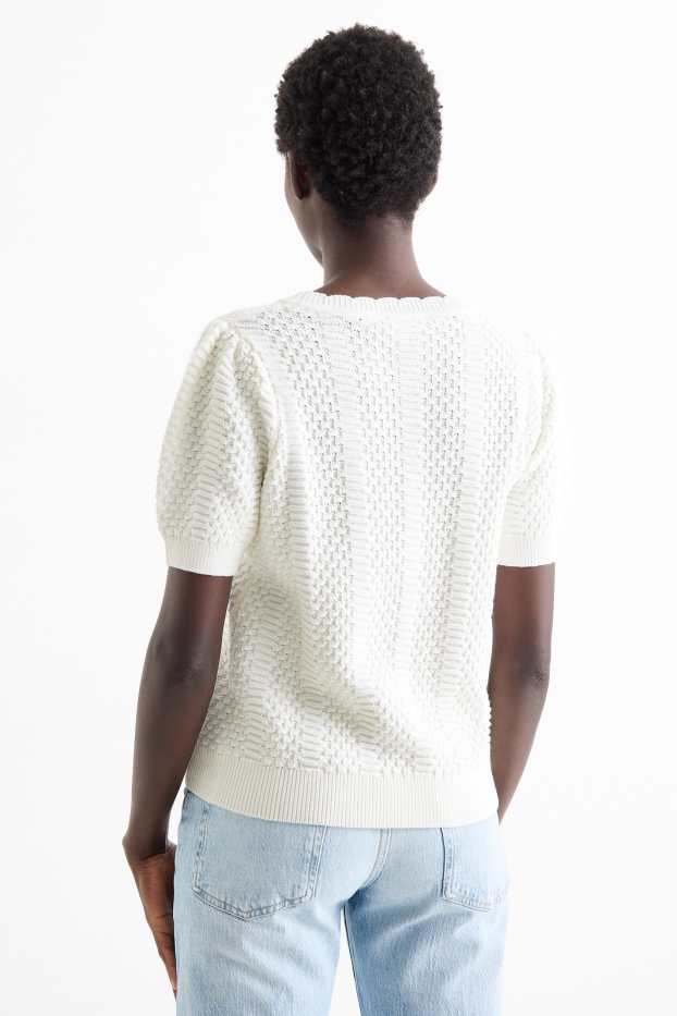 Femmes - Pull en maille - manches courtes - finition texturée - blanc