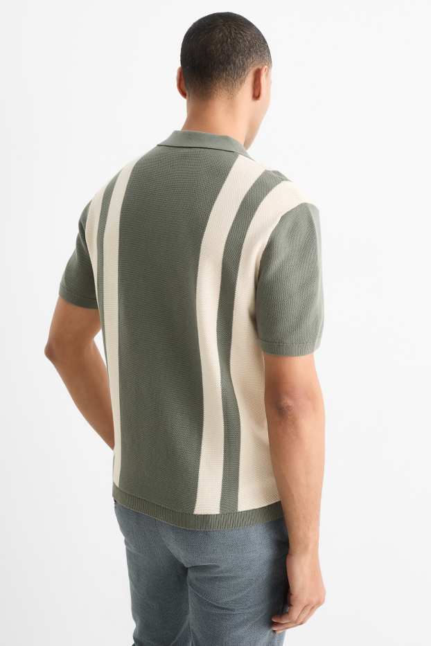 Bărbați - Tricou polo din tricot - regular fit - cu dungi - structurat - verde închis / alb-crem