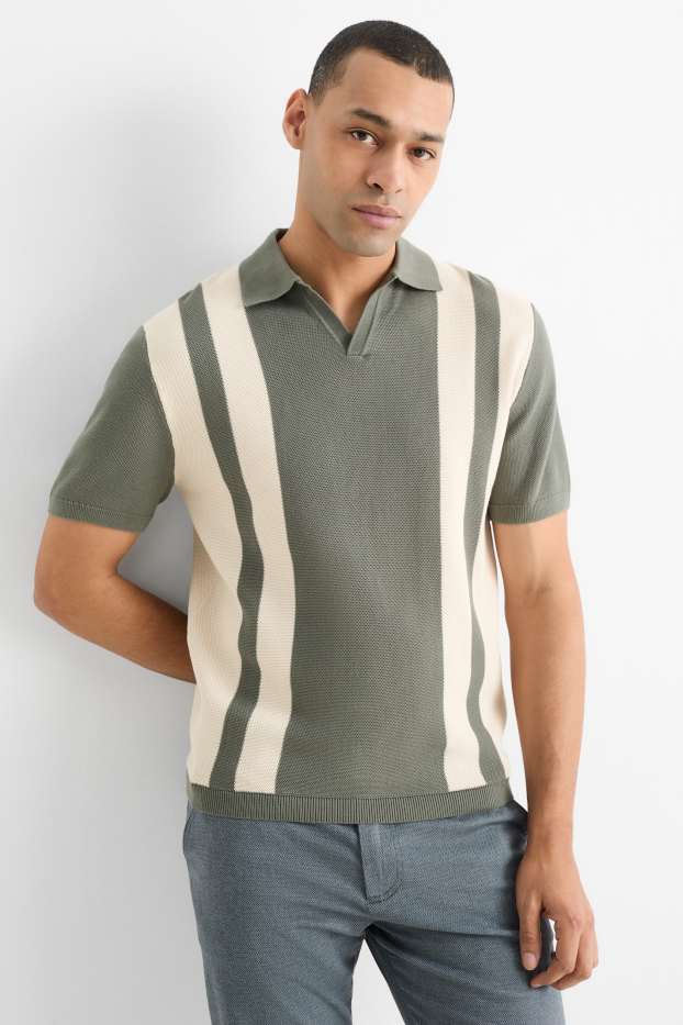 Bărbați - Tricou polo din tricot - regular fit - cu dungi - structurat - verde închis / alb-crem