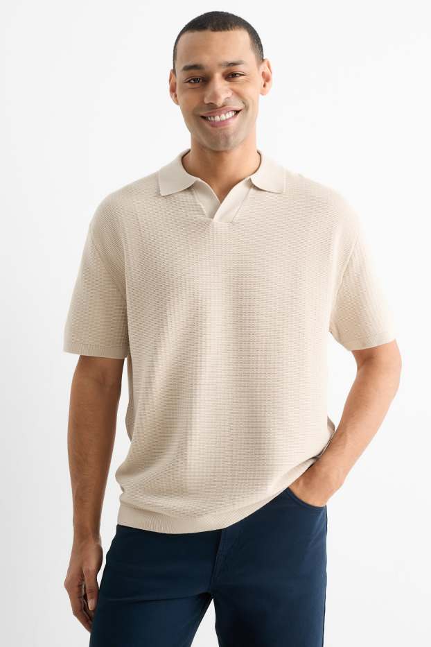 Heren - Gebreid poloshirt - relaxed fit - met structuur - licht beige
