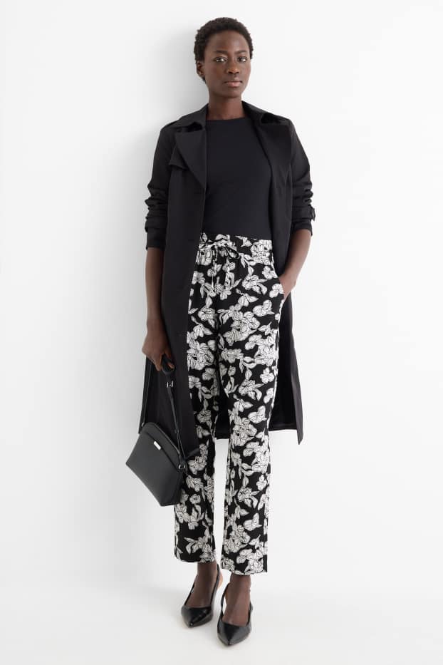 Women - Cloth trousers - high waist - tapered fit - floral - black / white