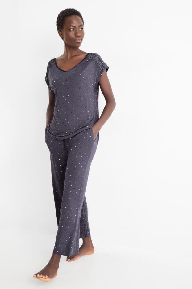 Dames - Pyjama van viscose - met stippen - donkerblauw