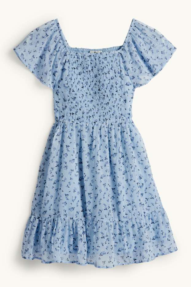 Kinder Mädchen - Blume - Chiffon-Kleid - gesmokt - hellblau