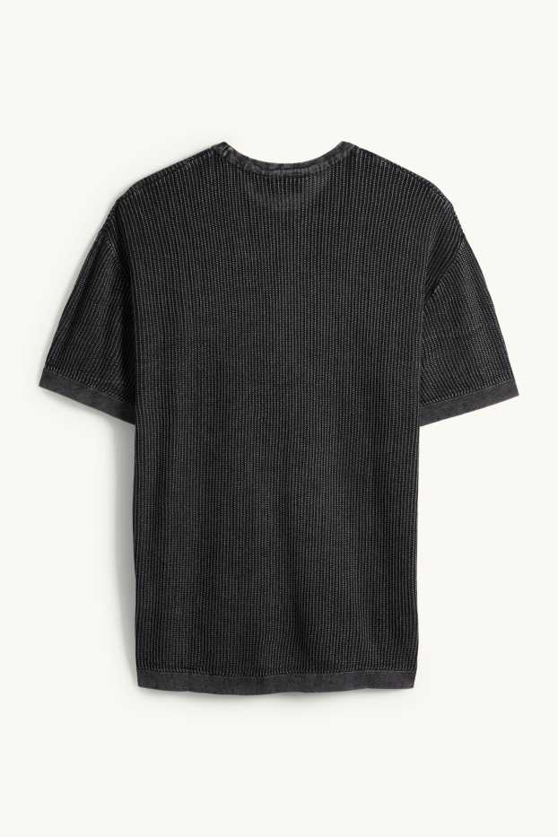 Hommes - Pull en maille - manches courtes - finition côtelée - noir