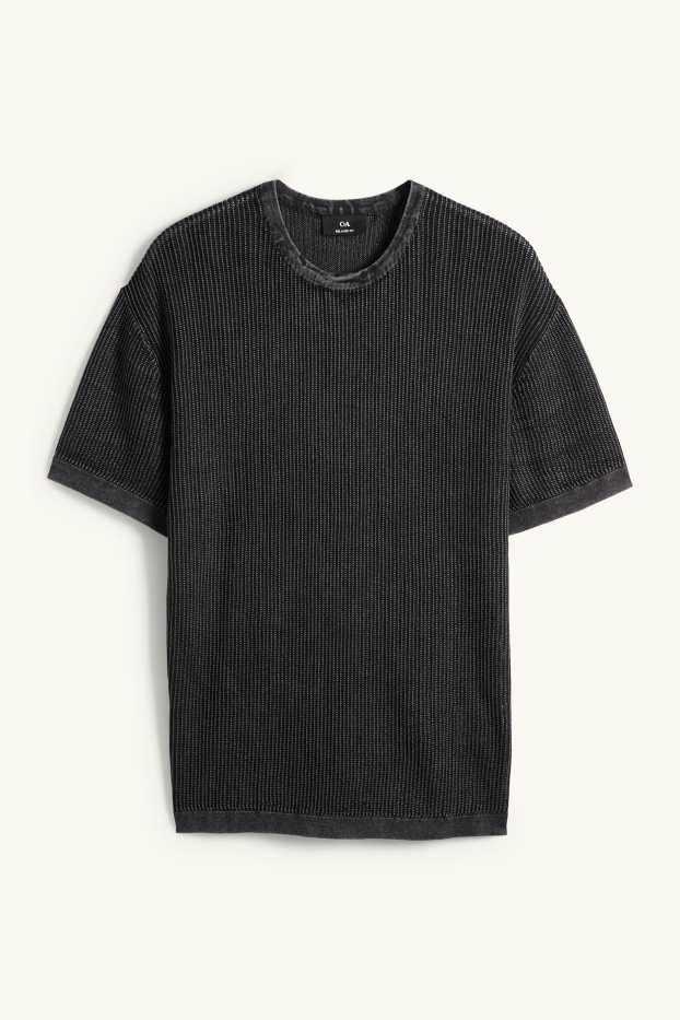 Hommes - Pull en maille - manches courtes - finition côtelée - noir