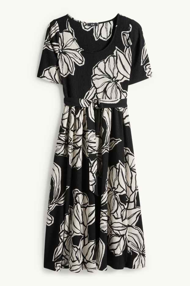 Damen - Fit & Flare Kleid mit Gürtel - geblümt - strukturiert - schwarz / beige