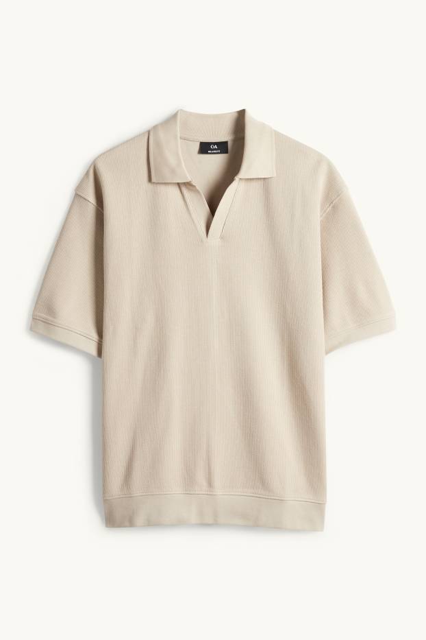 Heren - Gebreid poloshirt - relaxed fit - ribstof - beige