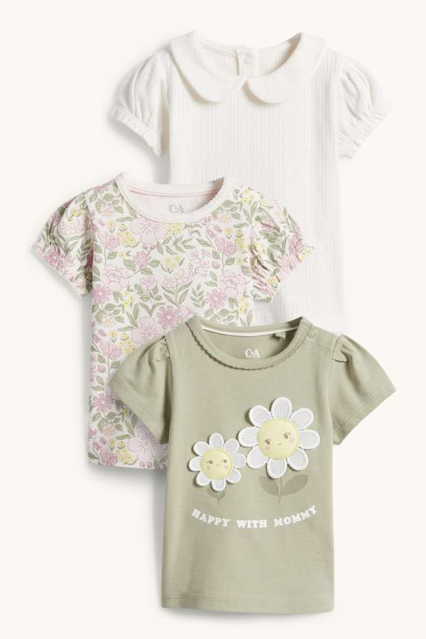Miminka - dívky - Multipack 3 ks - květiny - tričko s krátkým rukávem pro miminka - bílá/zelená