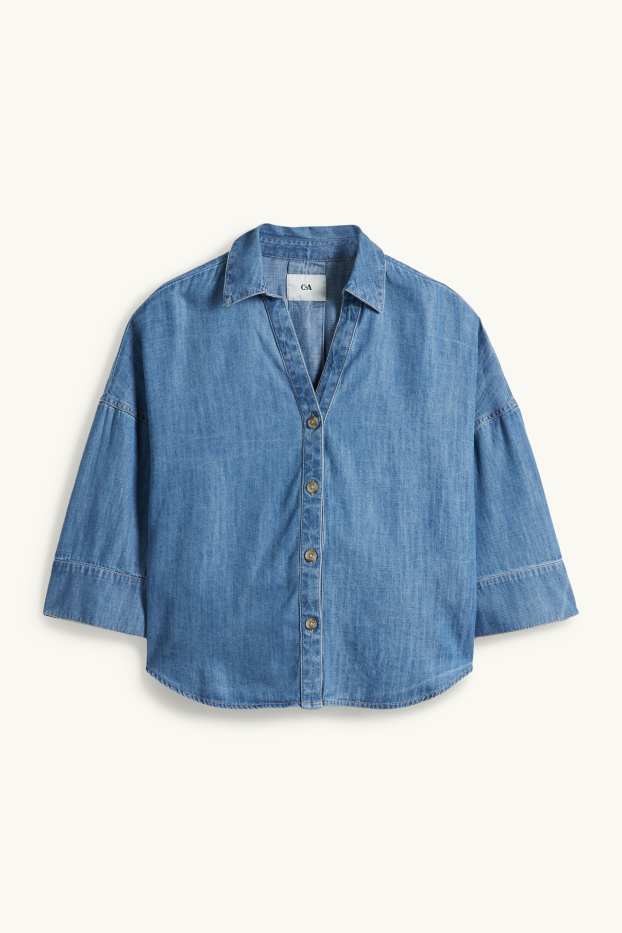 Dona - Camisa texana amb el coll en punta - texà blau