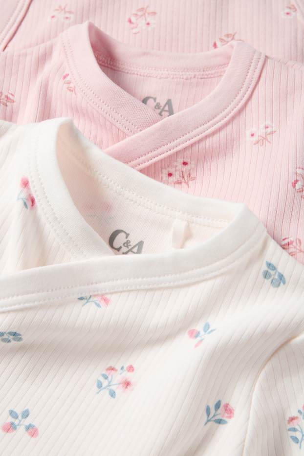 Bébés filles - Lot de 2 - petites fleurs - body croisé bébé - finition côtelée - blanc / rose
