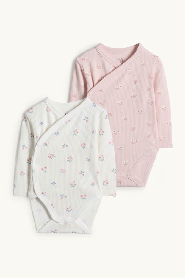 Bébés filles - Lot de 2 - petites fleurs - body croisé bébé - finition côtelée - blanc / rose