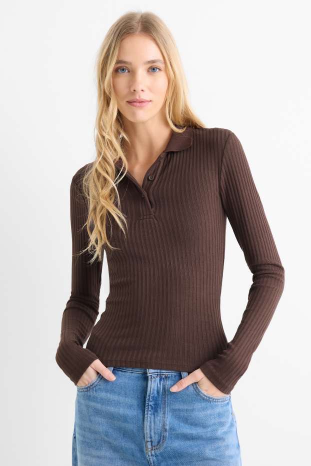 Women - Polo shirt - slim fit - ribbed - dark brown