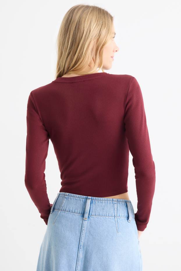 Dames - Korte longsleeve - slim fit - ribstof - bordeaux