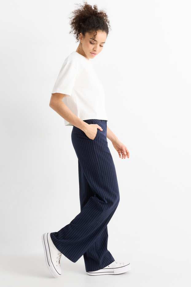 Dámské - Plátěné kalhoty - mid waist - wide leg - tmavomodrá