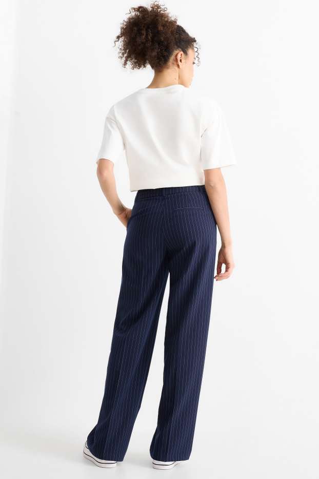 Dámské - Plátěné kalhoty - mid waist - wide leg - tmavomodrá