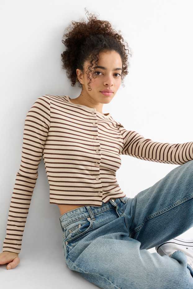 Women - Cropped long sleeve top - slim fit - ribbed - striped - light beige