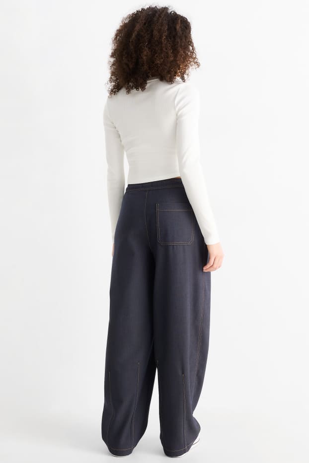 Dames - Pantalon - mid waist - balloon leg - jeanslook - jeansdonkerblauw