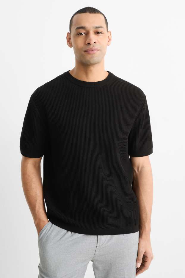 Herren - Strickpullover - kurzarm - gerippt - schwarz
