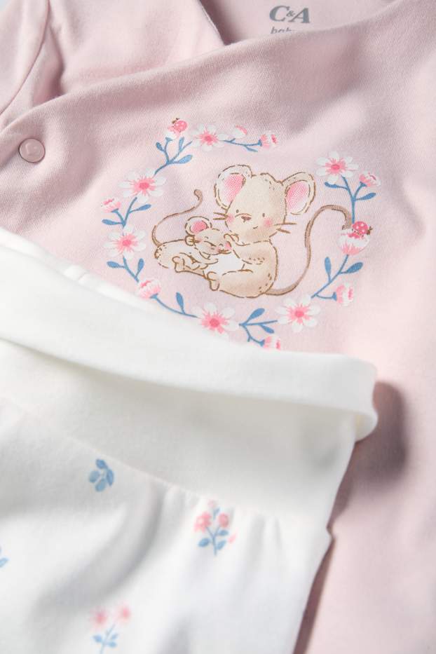 Baby Mädchen - Mäuschen und Blümchen - Erstlingsoutfit - 2 teilig - weiss / rosa