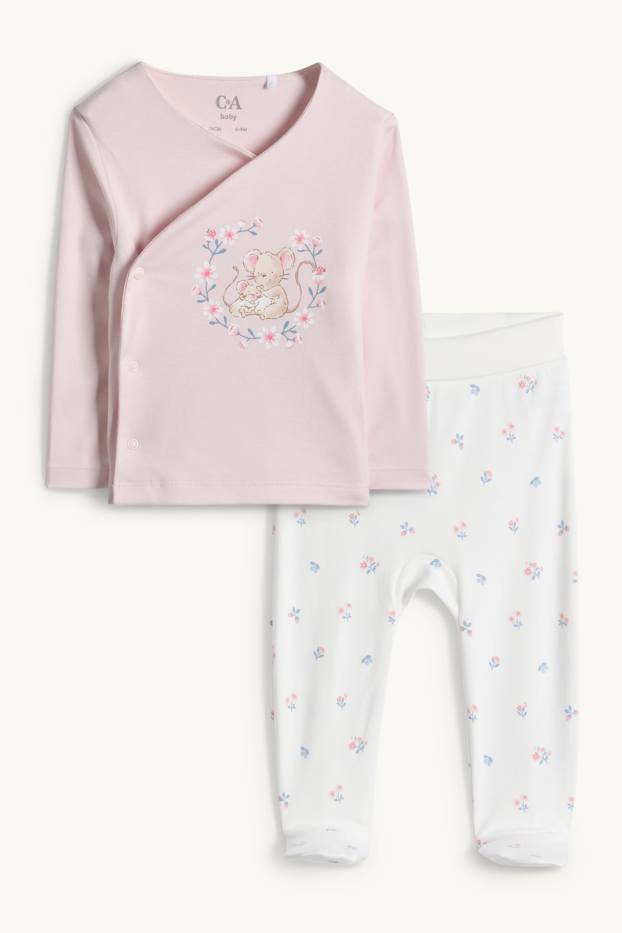Baby Mädchen - Mäuschen und Blümchen - Erstlingsoutfit - 2 teilig - weiss / rosa