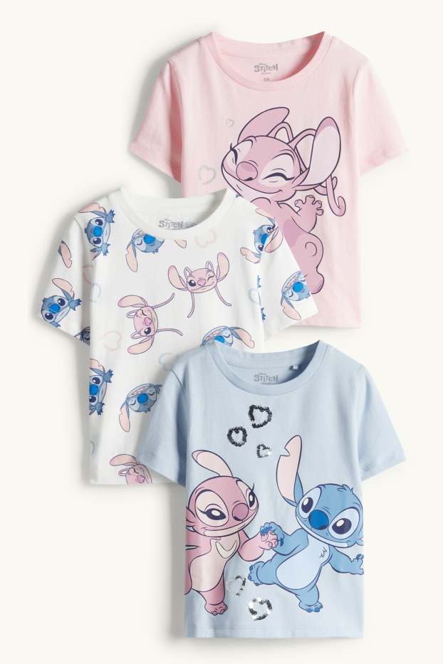 Kinder Mädchen - Multipack 3er - Lilo & Stitch - Kurzarmshirt - Glanz-Effekt - rosa / hellblau