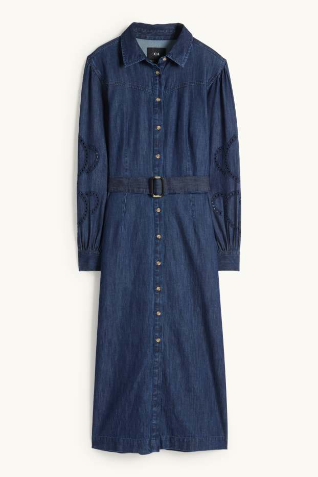 Femmes - Robe-chemisier en jean à ceinture - bleu foncé