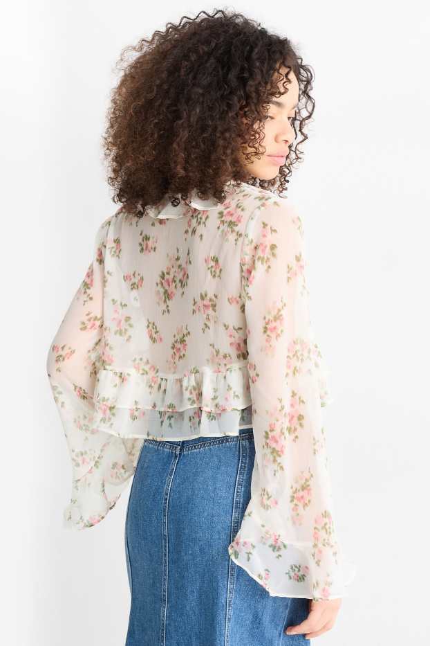 Dames - Korte blouse van chiffon - gebloemd - crème wit