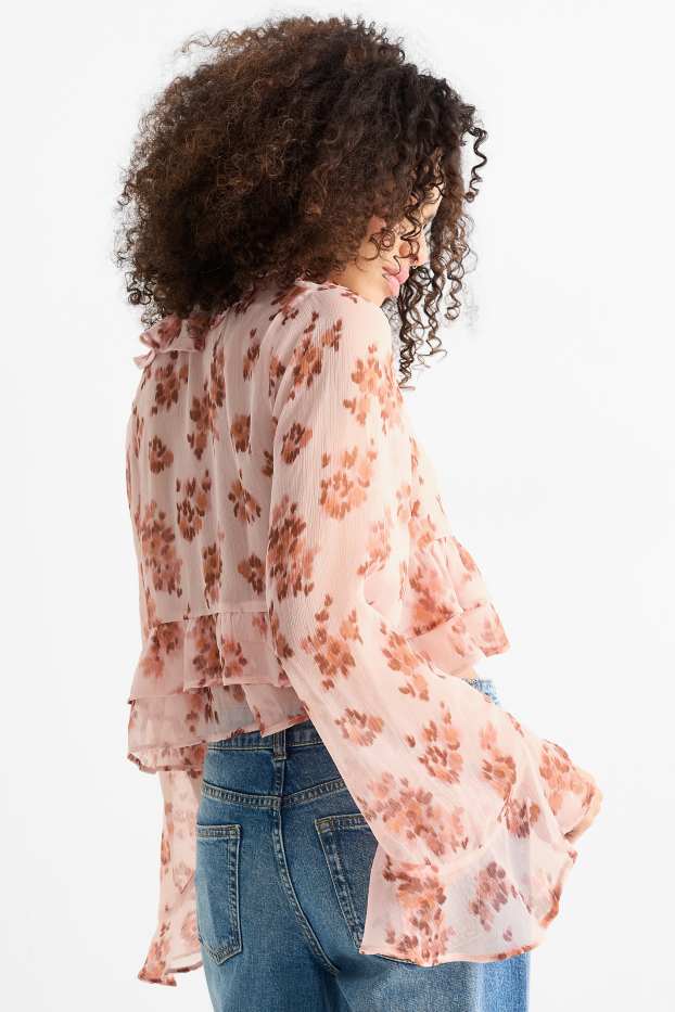 Dames - Korte blouse van chiffon - gebloemd - roze