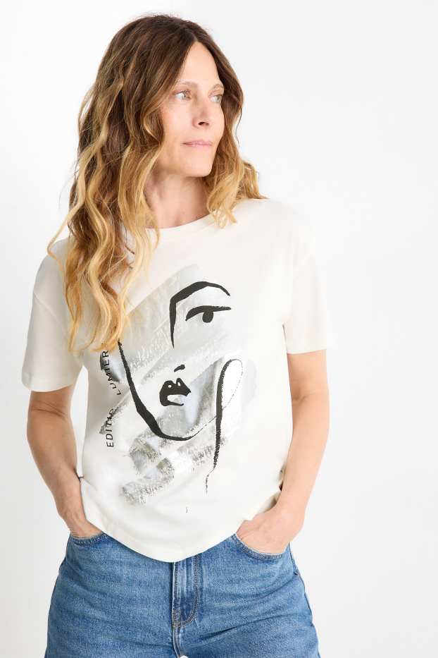 Damen - T-Shirt - Regular Fit - Glanz-Effekt - weiß