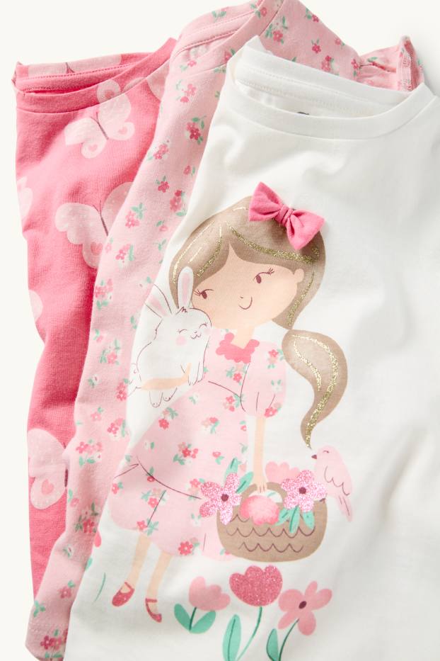 Bambine - Confezione da 3 - bambina e farfalla - maglia a maniche corte - bianco / fucsia